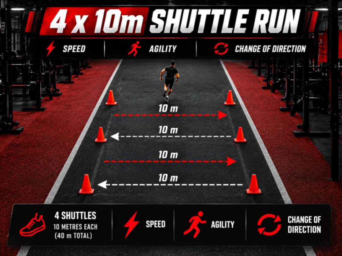 The 4 x 10-metre shuttle run test graphic: 40 metres total, testing speed, agility and change of direction