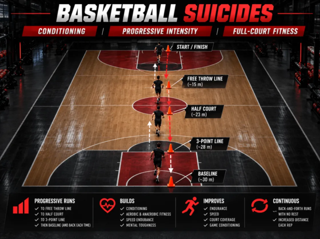 The basketball suicides test graphic: progressive full-court runs testing conditioning, intensity and fitness