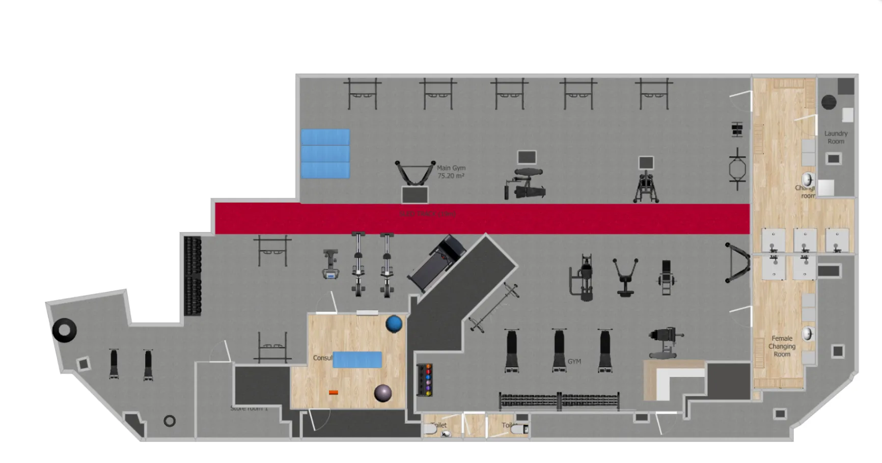 Post-renovation new-space gym layout, showing the planned 3,500sqft training floor, equipment and changing facilities